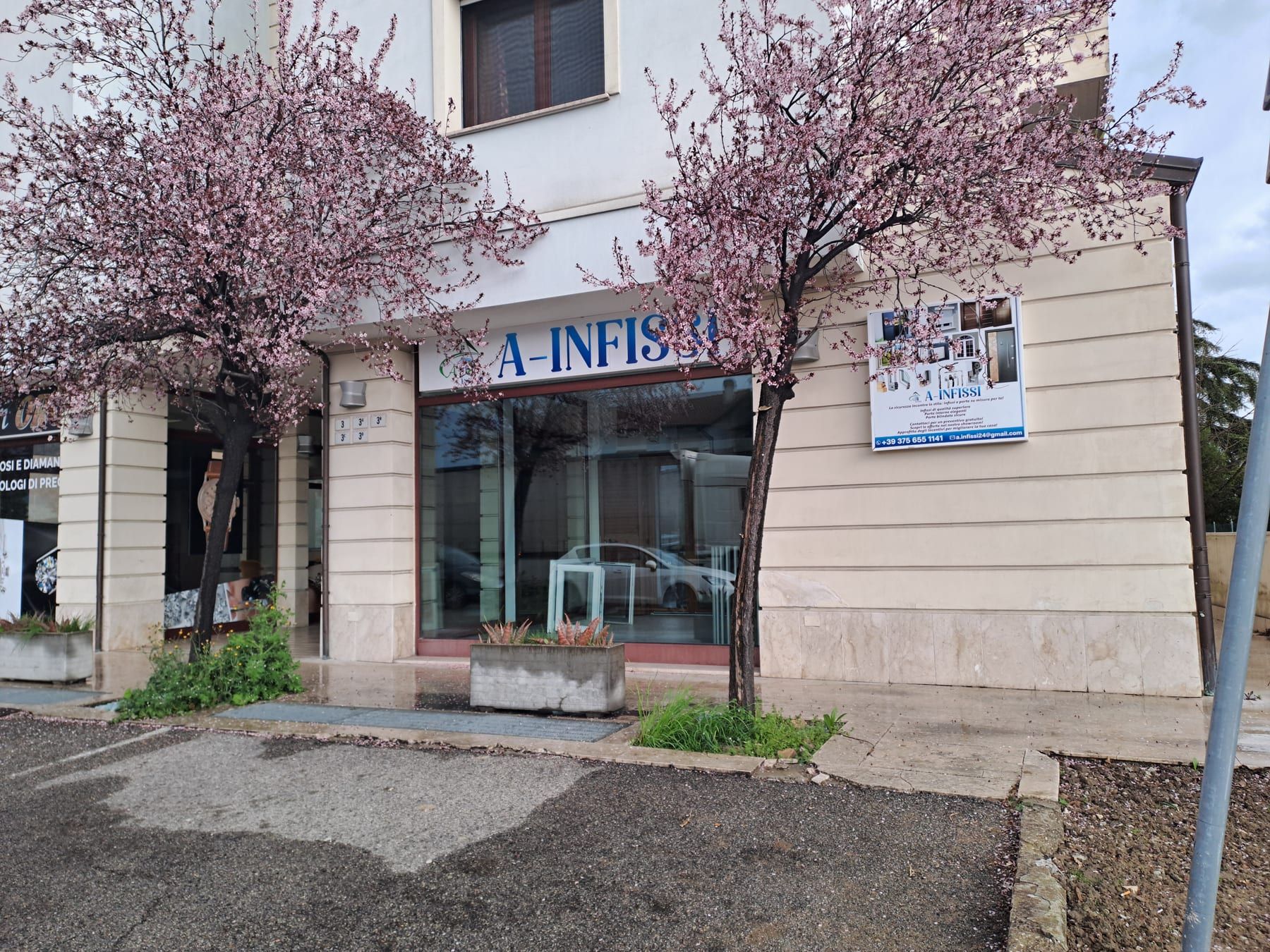 Lo showroom A-Infissi di Gambettola visto dalla strada, con gli alberi in fiore davanti alla vetrina